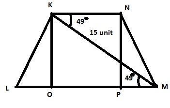 PLEASE HELP Given: KLMN is a trapezoid, KL=MN, KM=15, m∠MKN=49° Find: The area of-example-1