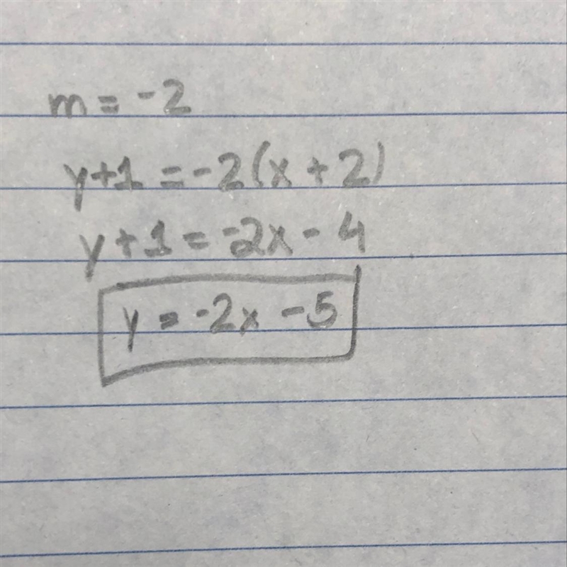 Write an equation of a line parallel to y = -2x + 3 that passes through (-2,-1)-example-1