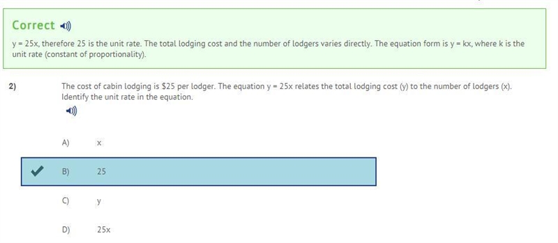 The cost of cabin lodging is $25 per lodger. The equation y = 25x relates the total-example-1