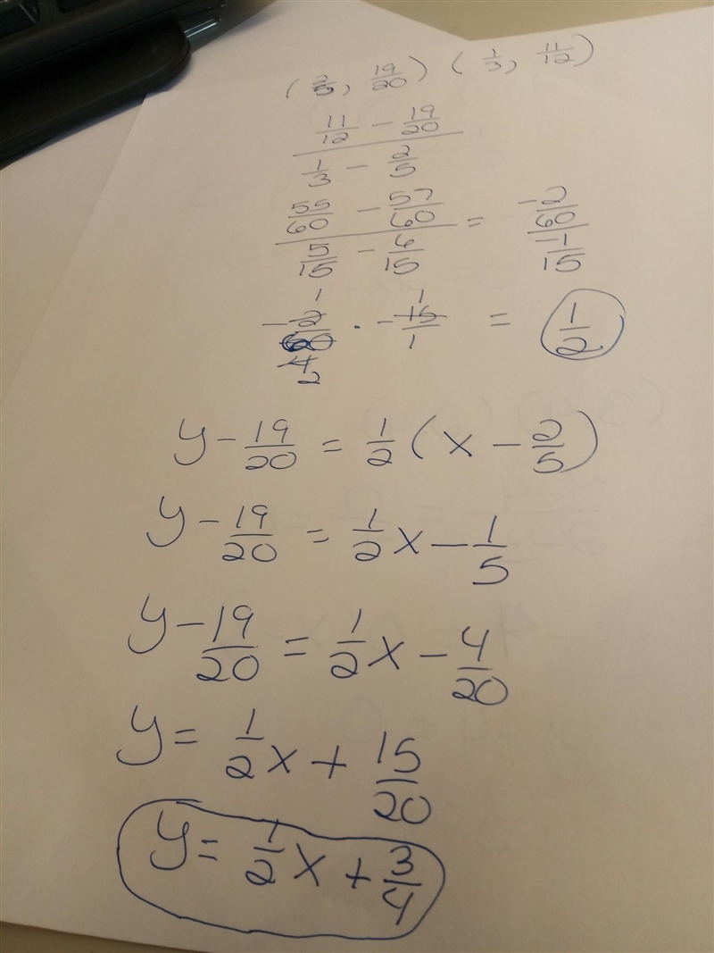 What is the equation of the line passingt through the points (2/5,19/20) and (1/3,11/12) in-example-1