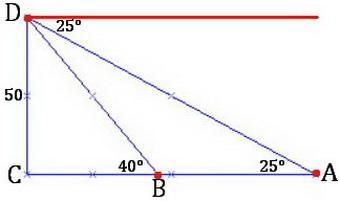 A traffic camera sits on top of a tower that has a height of 50ft., the angles of-example-1