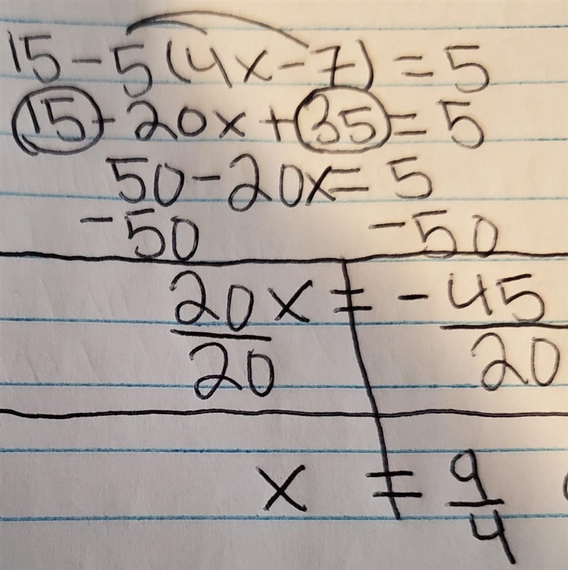 15-5(4x-7)=50 how to do this in a multi-step equation-example-1