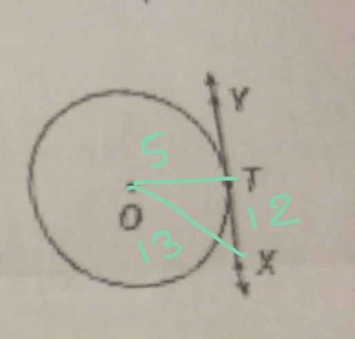 Given that OT =5, XT=12, and OX= 13 is XY tangent to circle O at T? Explain.-example-1