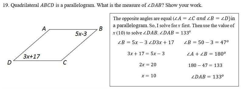 Quadrilateral ABCD is a parallelogram. What is the measure of ∠DAB? Show your work-example-1