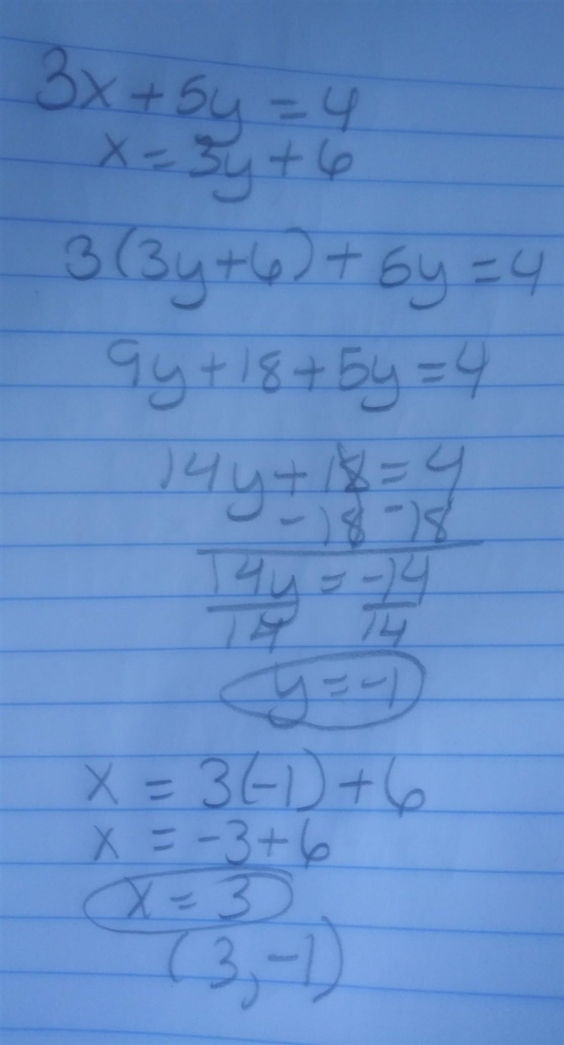 Solve the system by substitution. Check your answer. 3x + 5y = 4 x=3y + 6-example-1