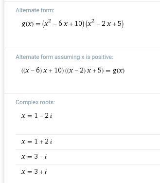 find all the zeros and write a linear factorization of g(x)=x^4-8x^3+27x^2-50x+50 given-example-1