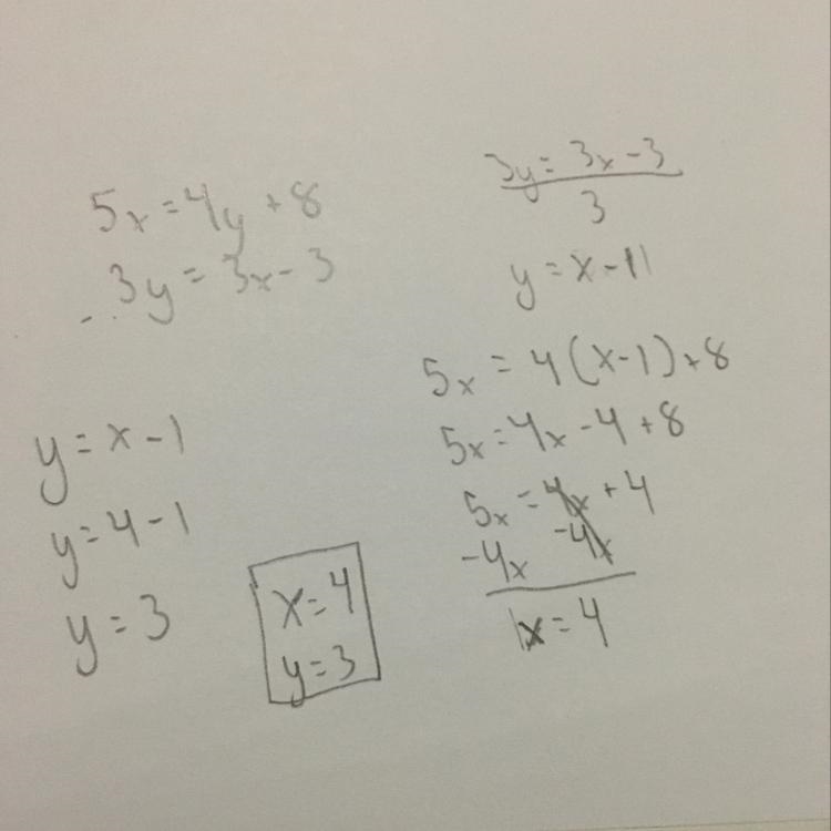 Solve the system of linear equations by elimination. 5x = 4y+8 3y = 3x - 3​-example-1