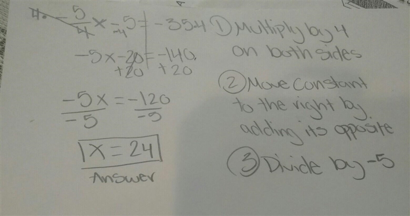 Solve for x: negative 5 over 4, multiplied by x minus 5 equals negative 35-example-1