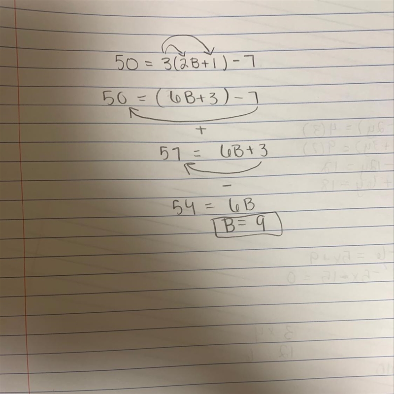 How to solve 50=3(2B + 1 ) - 7-example-1