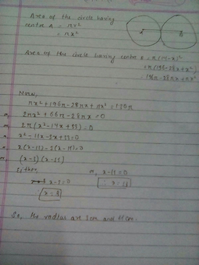 two circles touch externally. the sum of their areas is 130 pi square centimetres-example-1