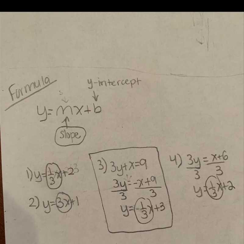 Which line has a slope of -1/3? (1) y- {x+2 (3) 3y + x=9 (2) y = 3x + 1 (4) 3y = x-example-1