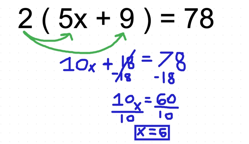 What is the answer to 2(5×+9)=78-example-1