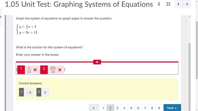 Graph the system of equations on graph paper to answer the question. {y=25x+4 {y=2x-example-1