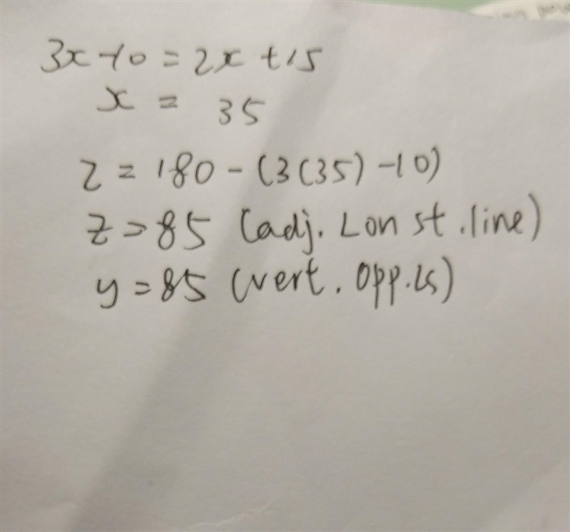 The adjoining diagram shows two intersecting straight lines. find the value of x \: y-example-1