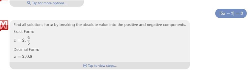 |5x−7| =3 please help 2 and 4/5 are not the answer HELP!!!!!!!!!!!!!!!!!!!!!!!!-example-1