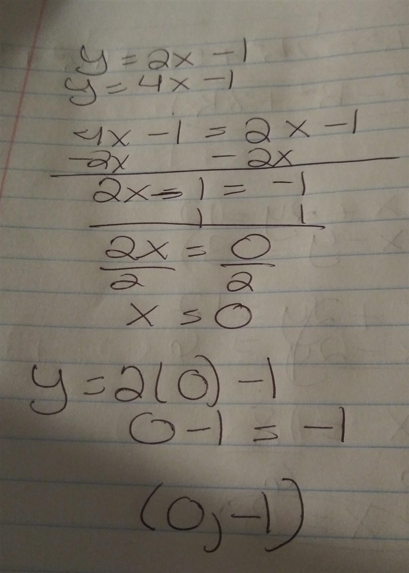 The system of linear equations y=2x-1 and y=4x-1 is graphed. What is the solution-example-1