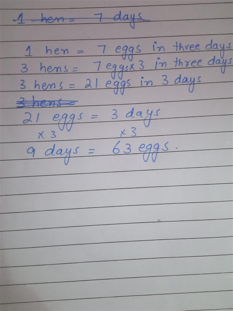 One hen lays 7 eggs in three days. How many eggs do three hens lay in nine days?​-example-1