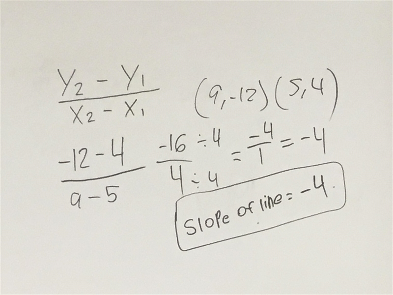 4. Find the slope of the line between the points (9,-12) and (5,4) ​-example-1