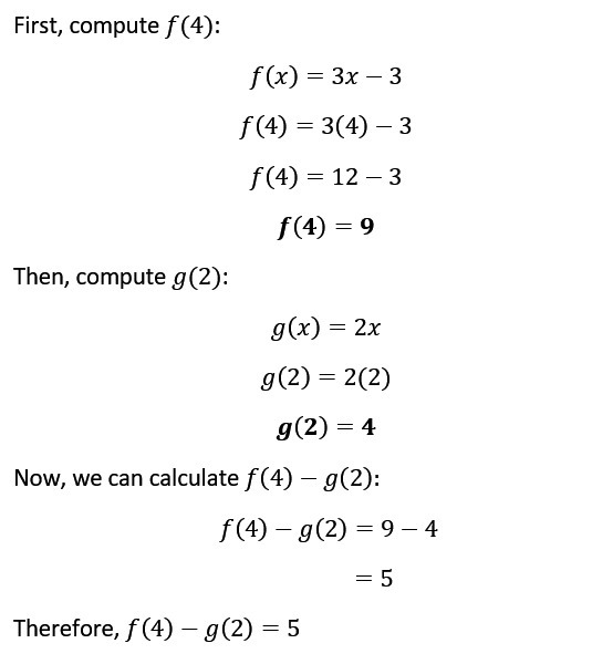 Using f(x) = 3x - 3 and g(x) = 2x, what is f(4) - g(2) ?-example-1