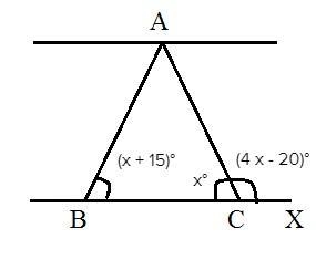 A triangle has a bottom left angle of (x + 15) degrees and a bottom right angle of-example-1