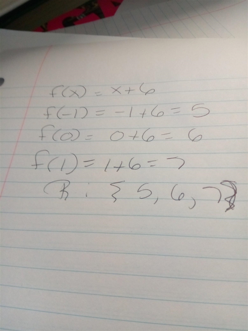 Using ƒ(x) = x + 6 and the domain { -1, 0, 1 }, find the range.-example-1