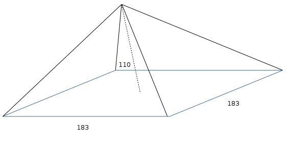 A hotel is in the shape of a square pyramid. Each side of the base is 183 meters long-example-1