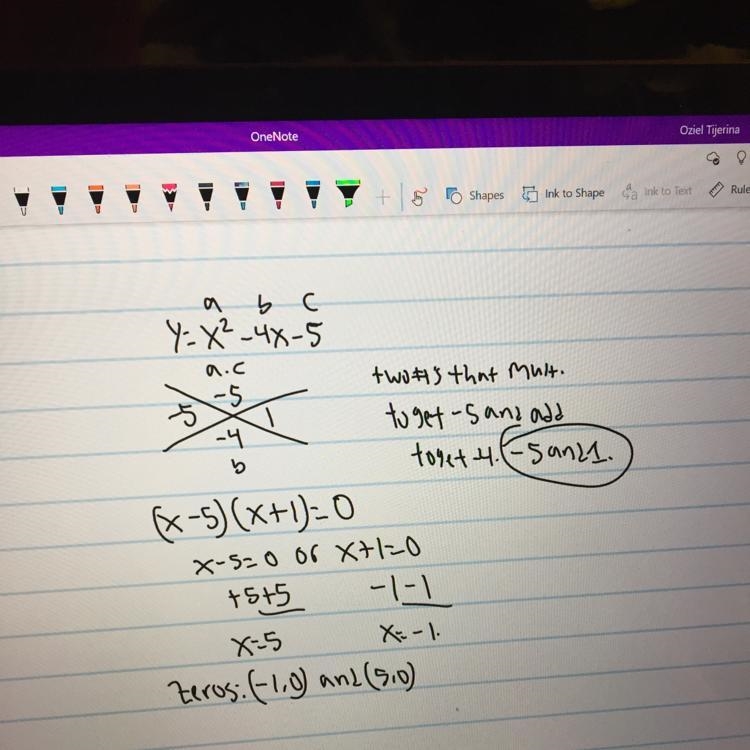 What are the zeroes of y = x2 - 4x – 5-example-1