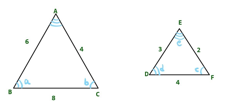 Two similar triangles are shown below: Two triangles are shown. The sides of the triangle-example-1