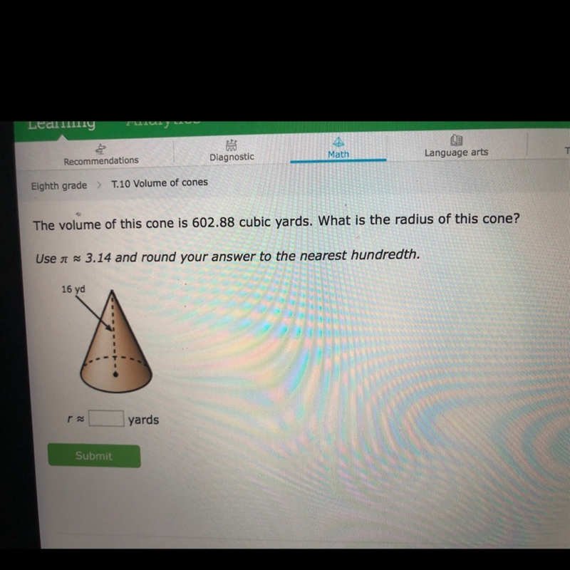 The volume of this cone is 602.88. What is the radius of this cone?-example-1