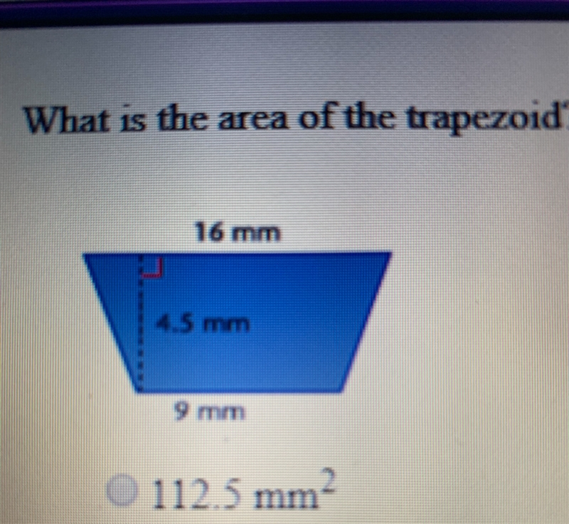 What is the area of the trapezoid? A 112.5 mm^2 B 72 mm^2 C 40.5 mm^2 D 56.25 mm^2-example-1