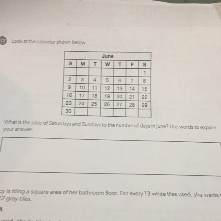 What is the ratio of Saturday’s and Sundays to the number of days in June.-example-1