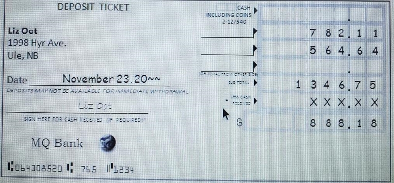 Consider the following incomplete deposit ticket: How much cash did Liz receive? Please-example-1