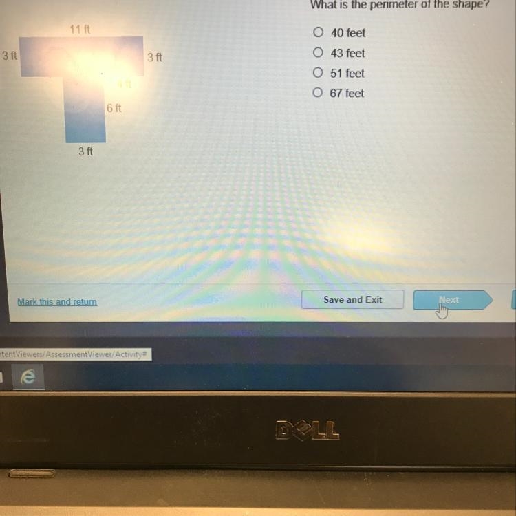 What is the perimeter of the shape? 40 feet 43 feet 51 feet 67feet-example-1