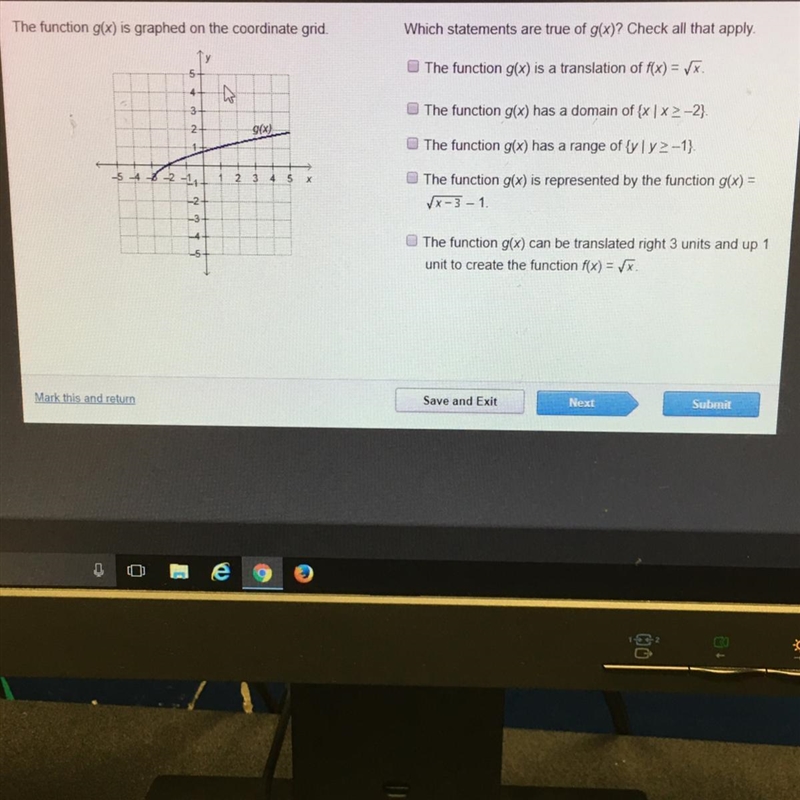 The function g(x) is graphed on the coordinate grid. Which statements are true of-example-1