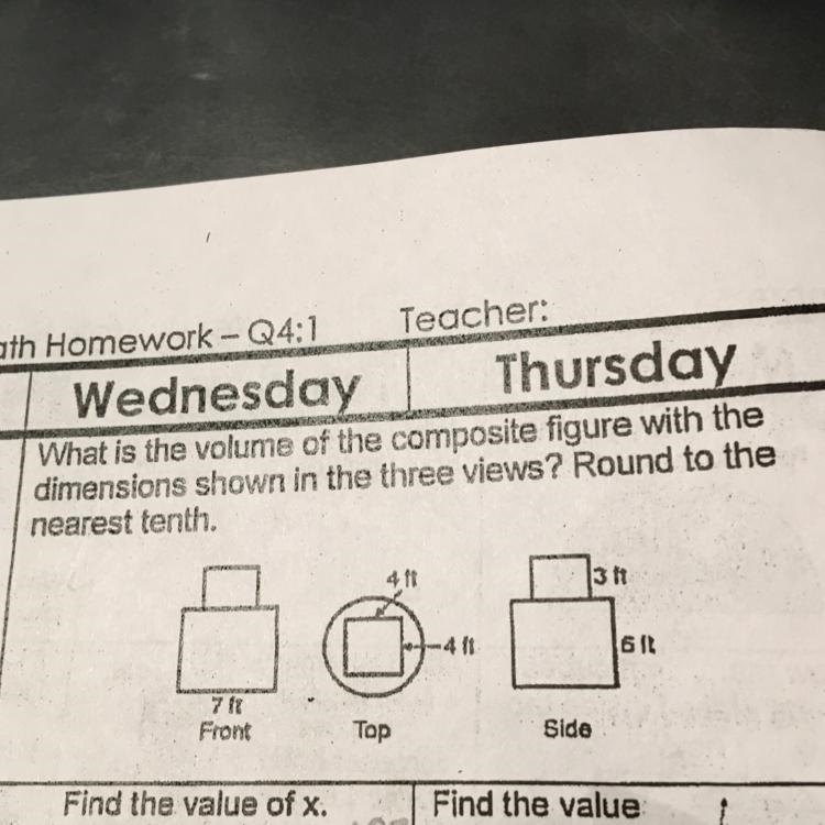 What is the volume of the composite figure with the dimensions shown in the 3 views-example-1