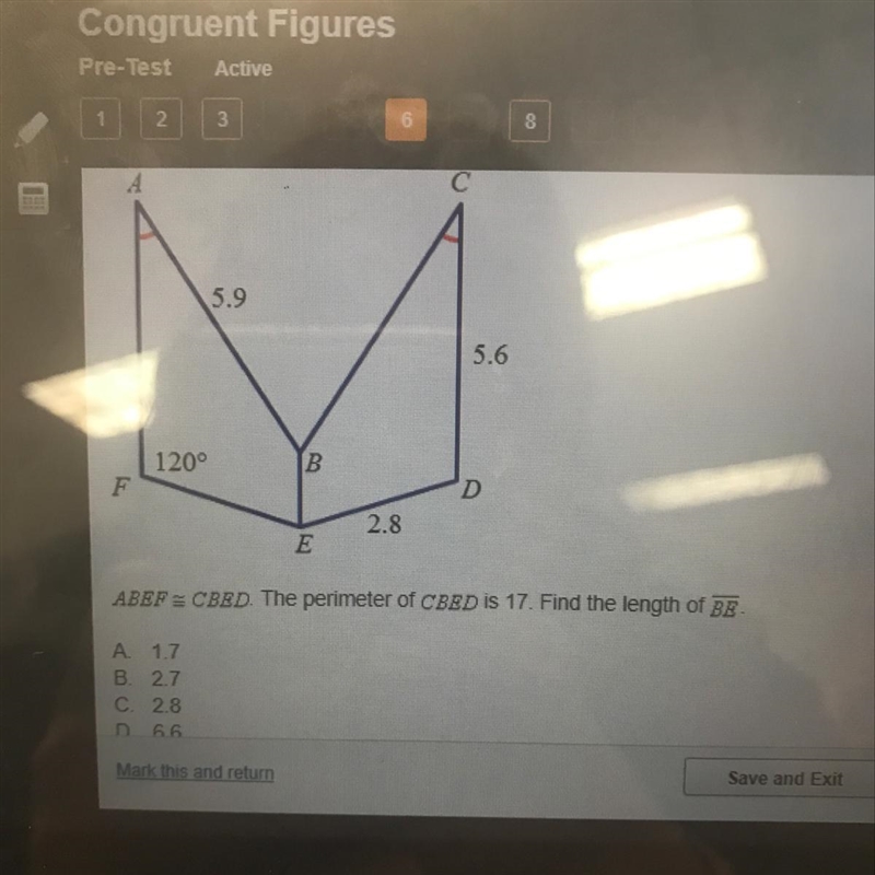 ABEF=CBED. The perimeter of CBED is 17. Find the length of BE-example-1