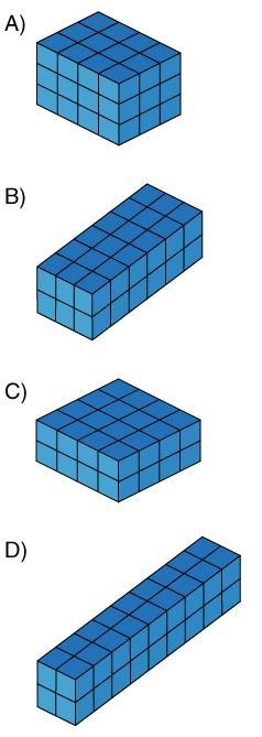 Which right rectangular prism does not have a volume of 36 cubic units?-example-1