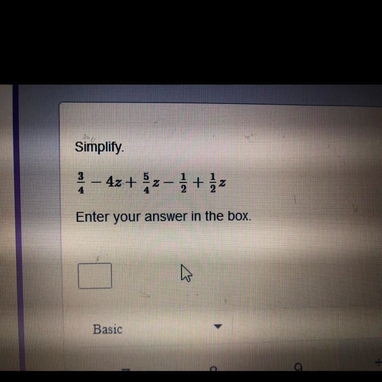 3/4-4z+5/4z-1/2+1/2z SIMPLIFY-example-1