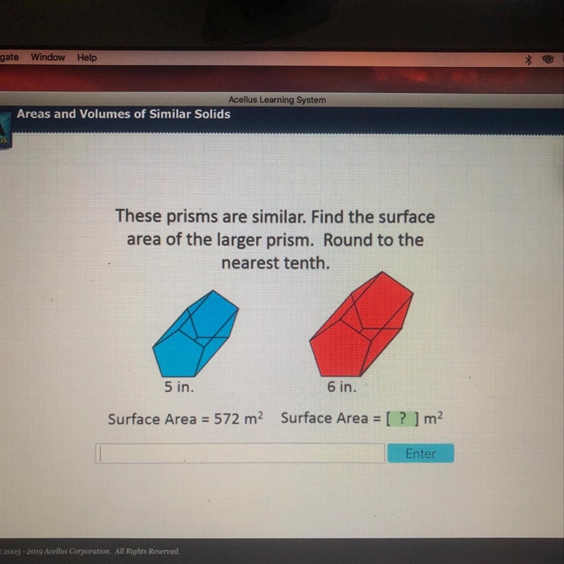 Theses prisms are similar. Find the surface area of the larger prism. Round to the-example-1