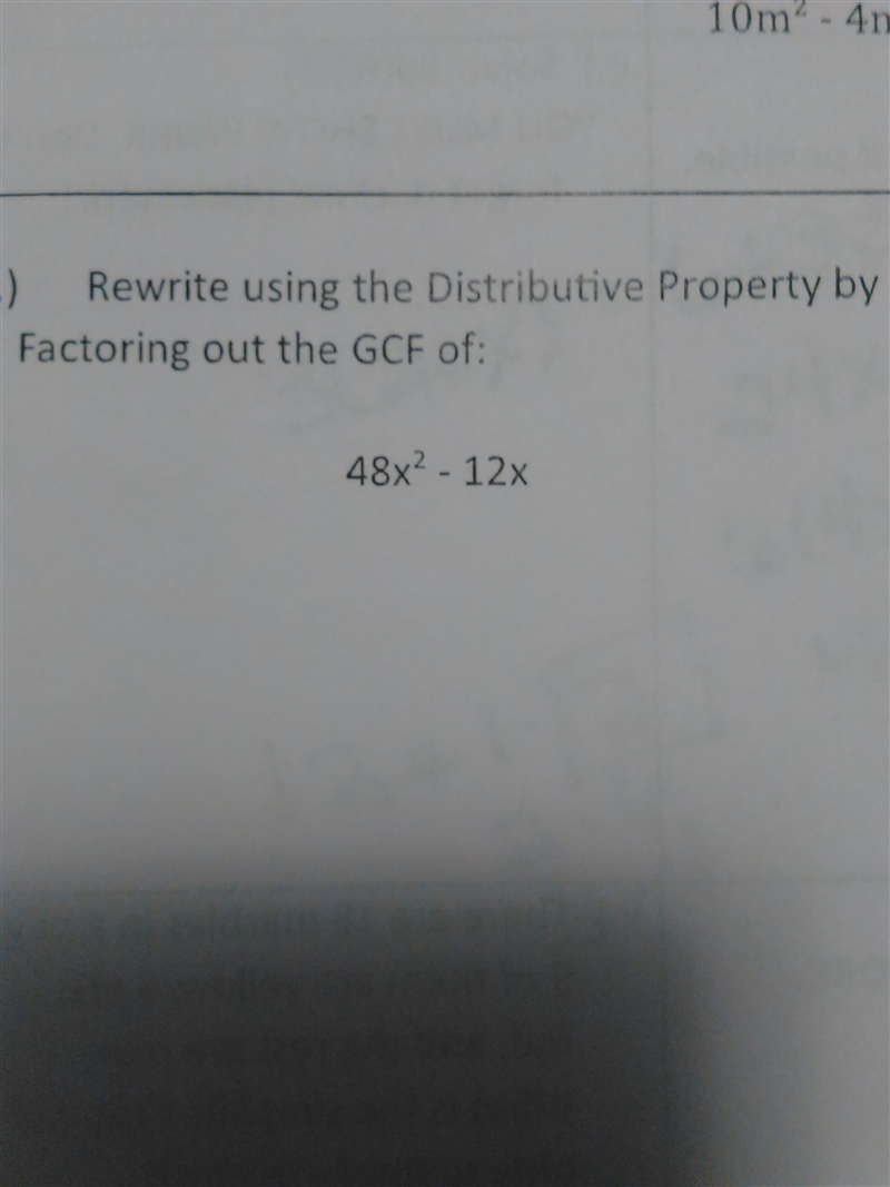 Rewrite using the Distributive Property by factoring out the GCF of 48x-12x need help-example-1