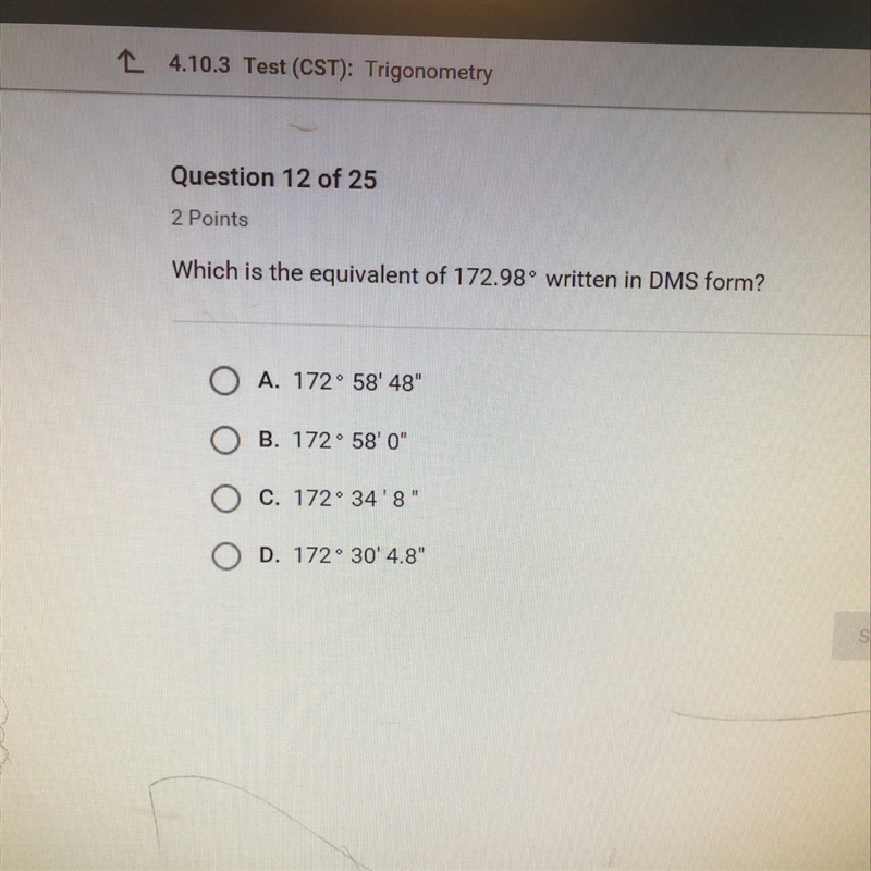 Which is the equivalent of 172.98 degrees written in DMS form?-example-1