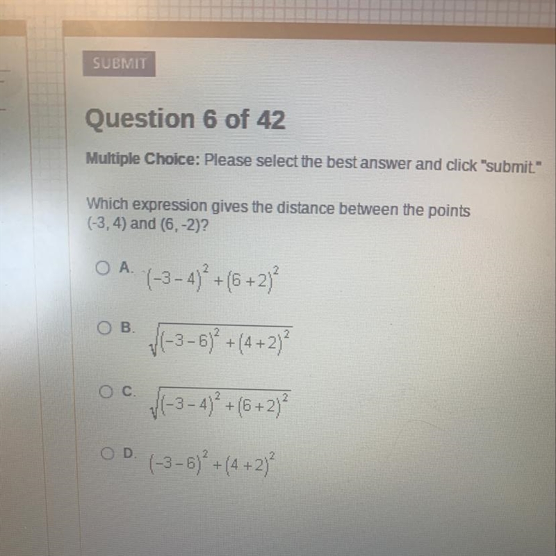 Which expression gives the distance between the points (-3, 4) and (6, -2)?-example-1