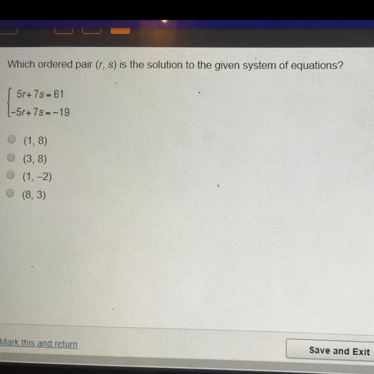 Which ordered pair (r, s) is the solution to the given system of equations? 5r+75 - 61 -5r-example-1