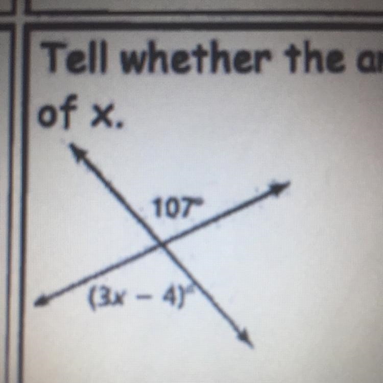 Tell whether the angles are adjacent or vertical. Then find the value of x-example-1