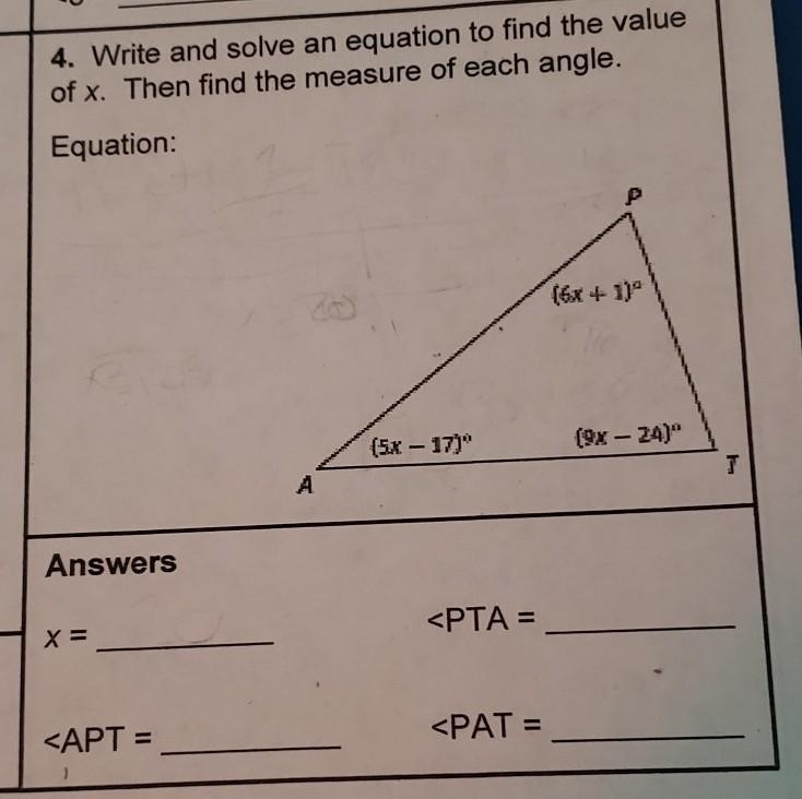 Write and solve an equation to find the value of x. Then find the measure of each-example-1