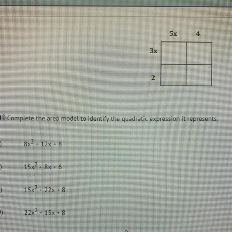 Complete the area model to identify the quadratic expression-example-1