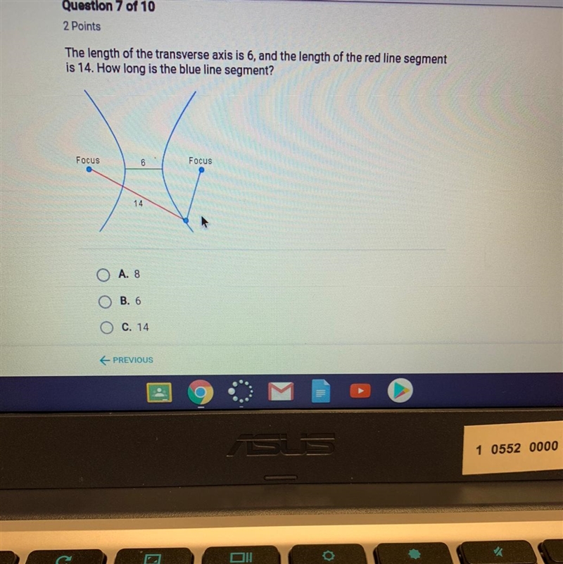 The length of the transverse axis is 6 and the length of the red line segment is 14 how-example-1