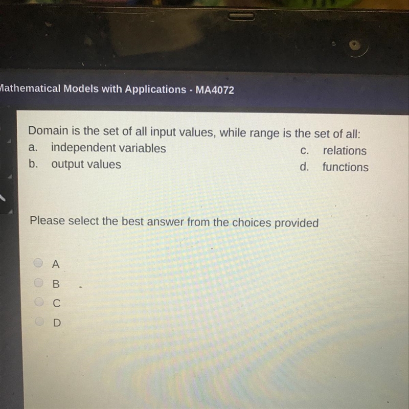 Domain is the set of all input values, while range is the set of all: a independent-example-1