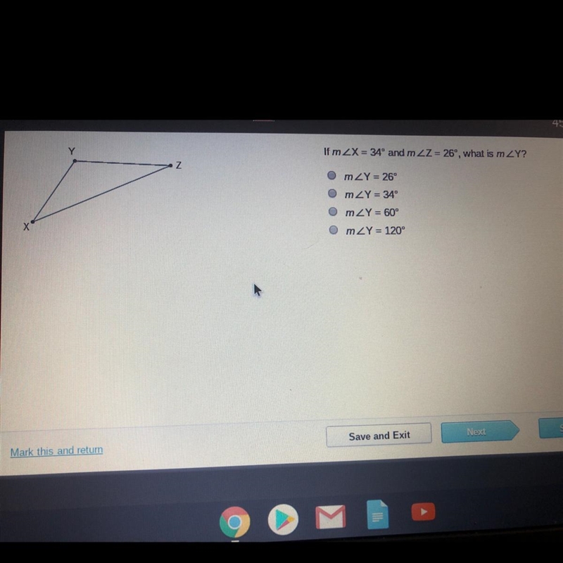 If m 2X = 34º and m ZZ = 26, what is mZY? OmZY = 26 OmZY = 34 mZY = 60°-example-1