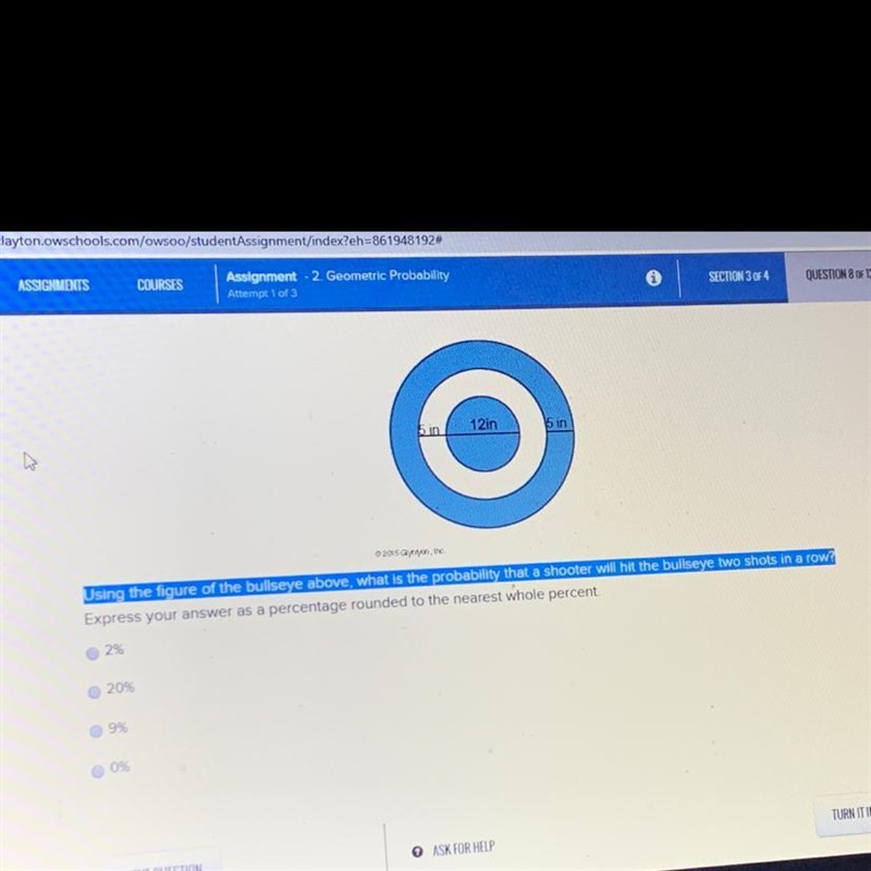 Using the figure of the bullseye above, what is the probability that a shooter will-example-1